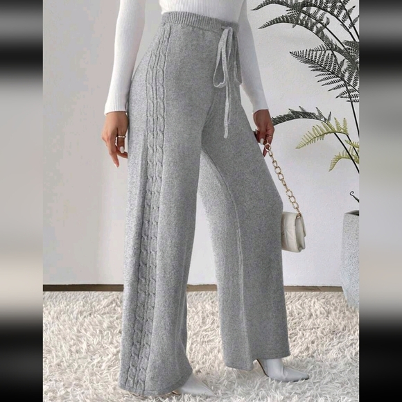 Casual Solid Color Drawstring Waist Wide Leg Knit Pants, Autumn/Winter - Picture 3 of 4